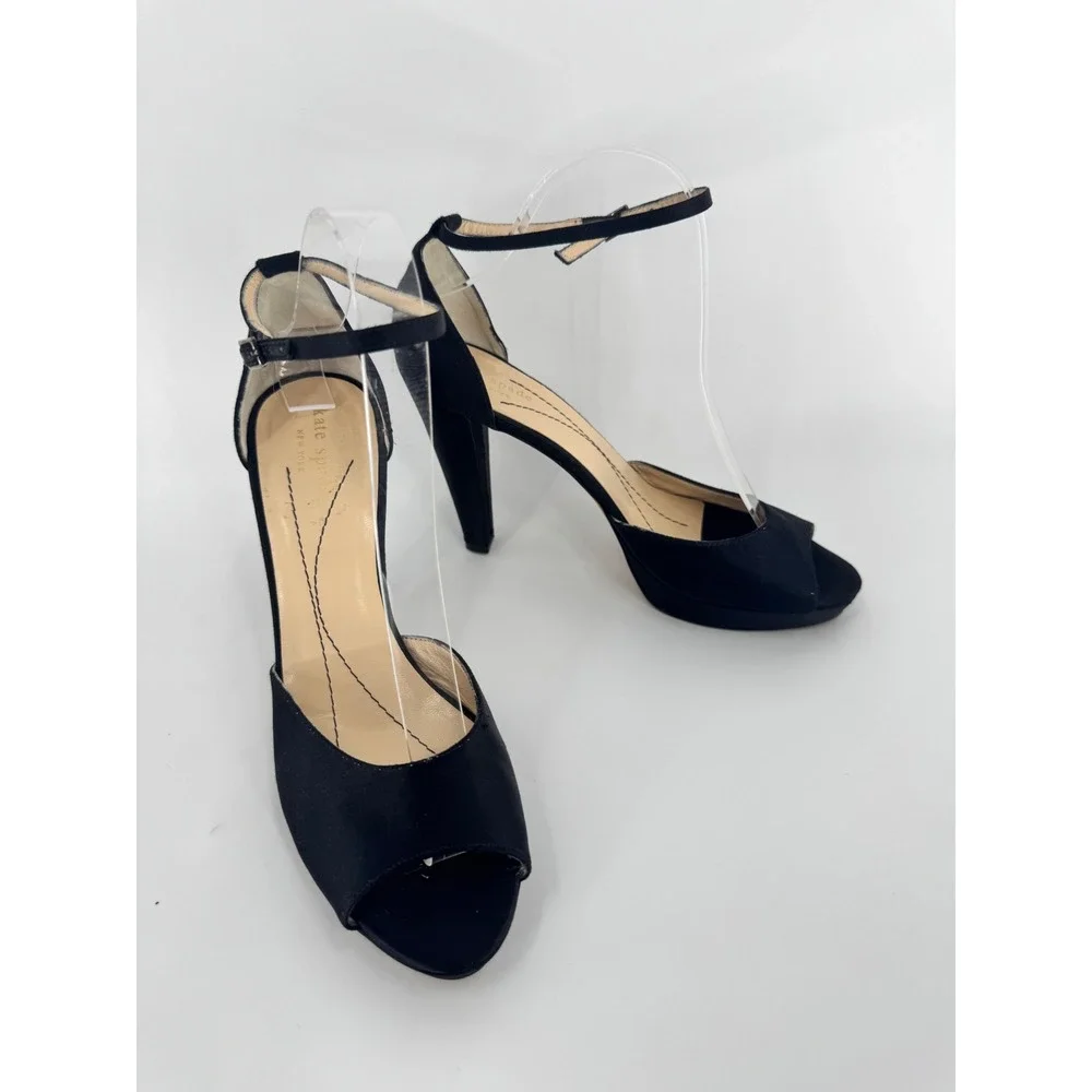 Kate Spade Platform Heels Women 9 Black Satin Peep Toe Ankle Strap Made In Italy